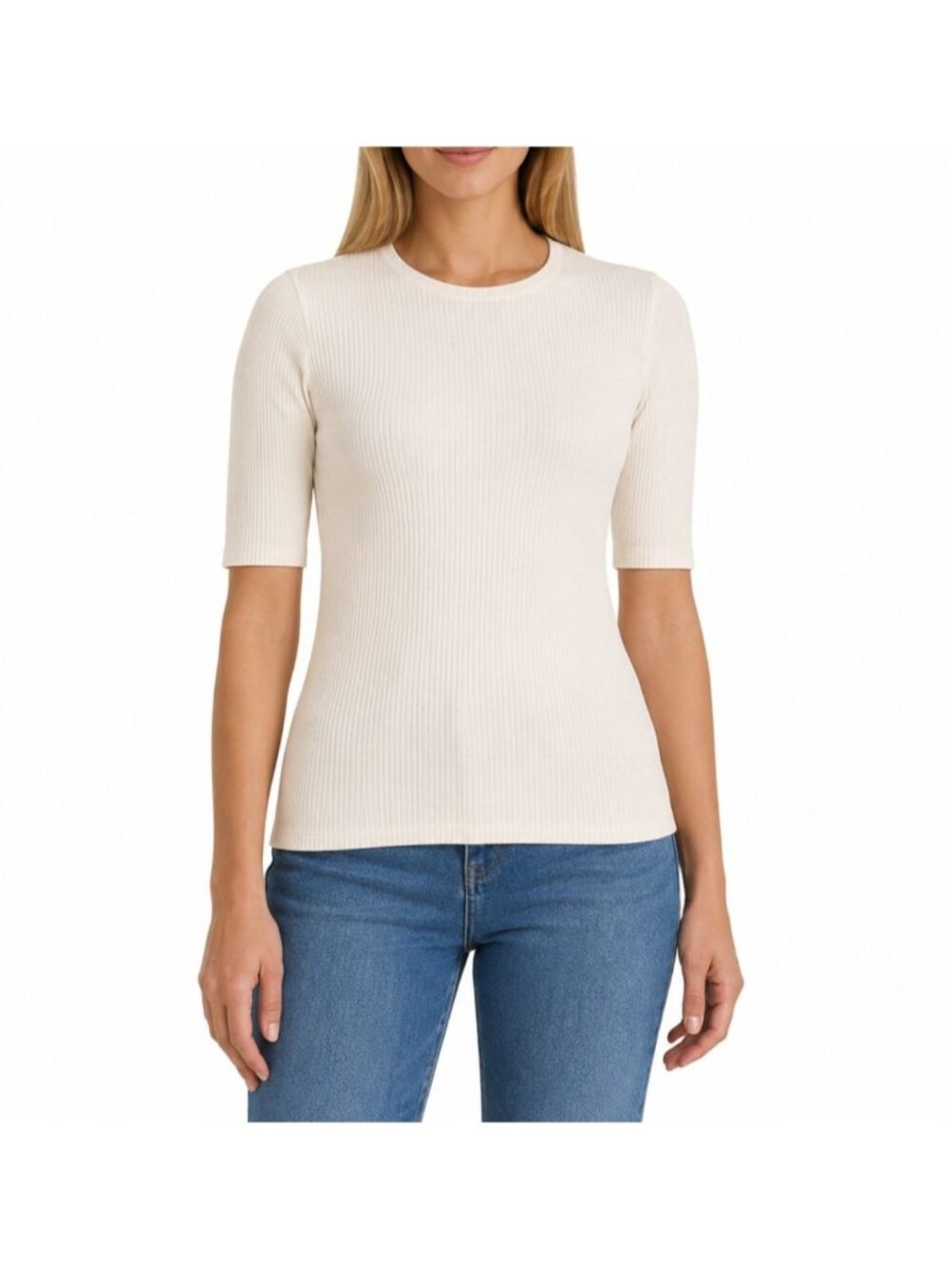 Splendid Womens Ribbed Cream Short-Sleeve Top L Crew Neck Lightweight Stylish